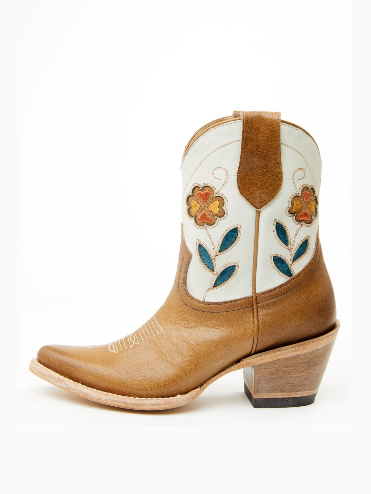 Contrast Tan And Ivory Almond-Toe Flowers Inlay Wide Mid Calf Cowgirl Boots