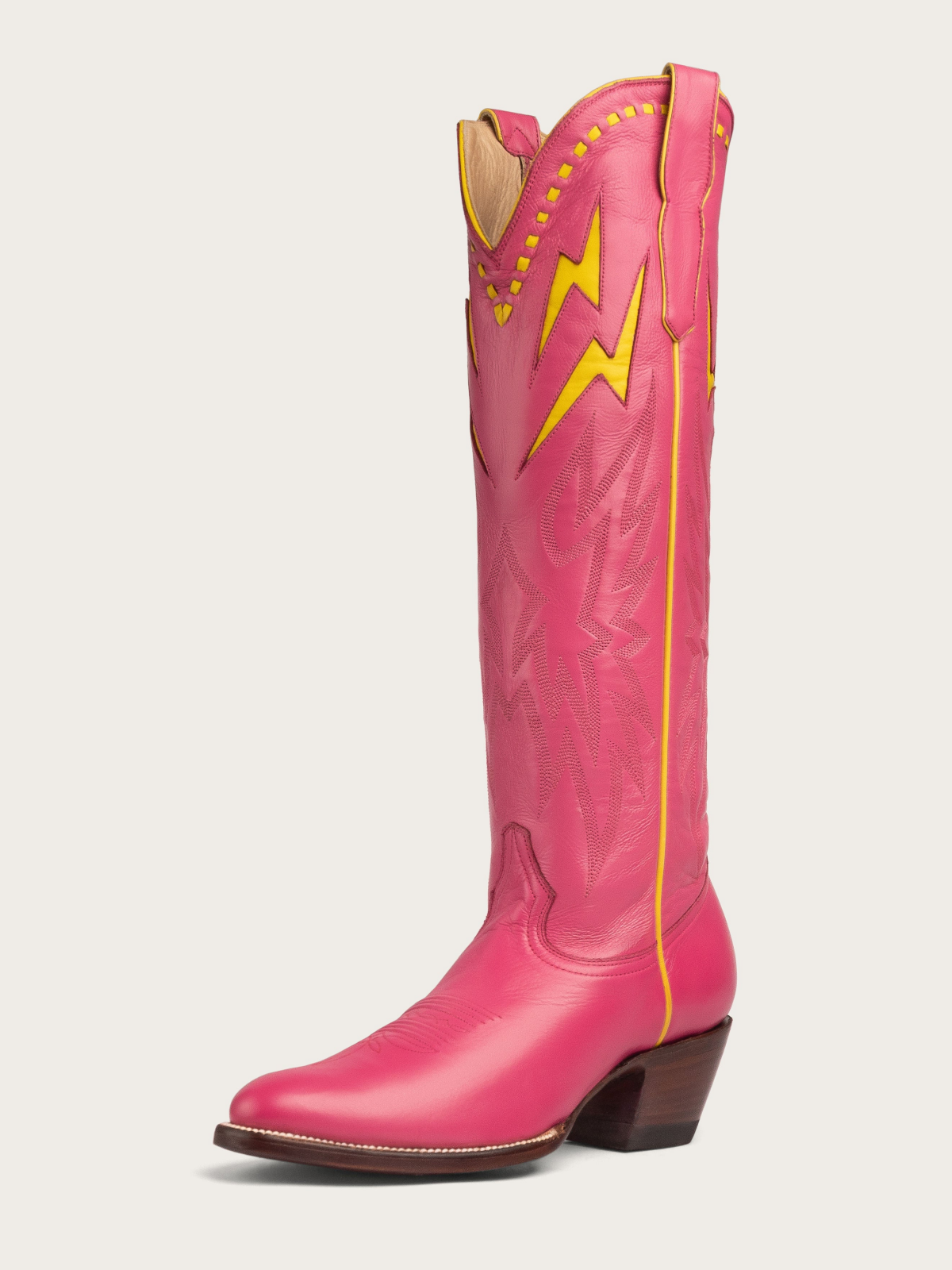 Yellow Lightning Inlay Stitch Embroidery Almond-Toe Wide Mid Calf Tall Cowgirl Boots - Fuchsia