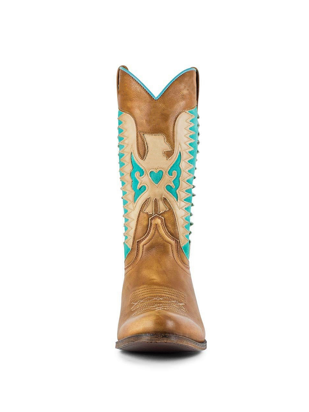 Brown Almond-Toe Wide Mid Calf Cowgirl Boots With Thunderbird Heart Inlay