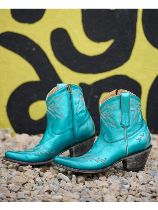 Metallic Almond-Toe Embroidery Full-Zip Mid Calf Cowgirl Boots - Turquoise