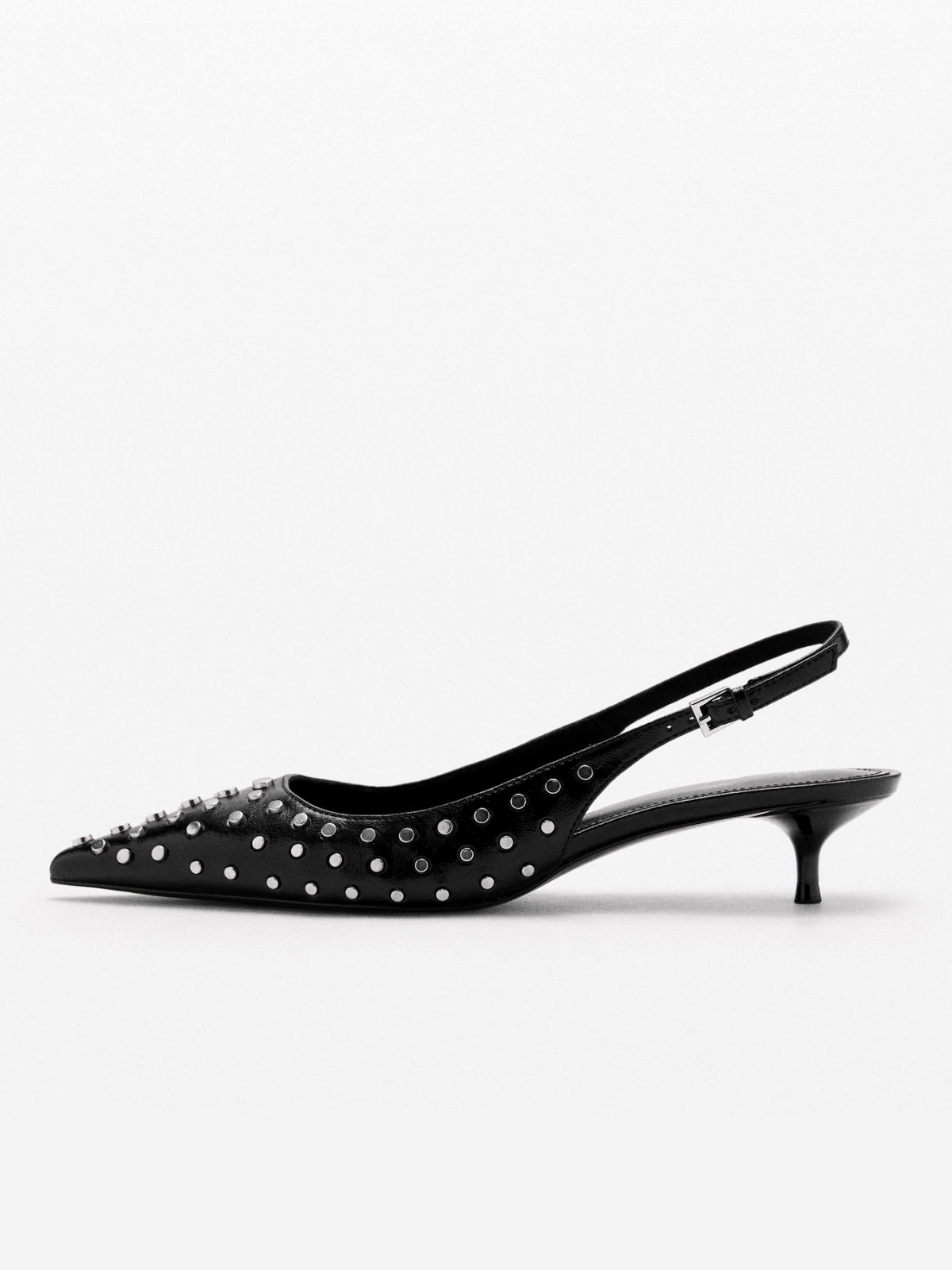 Black Pointed-Toe Studded Slingback Buckle Kitten Heels