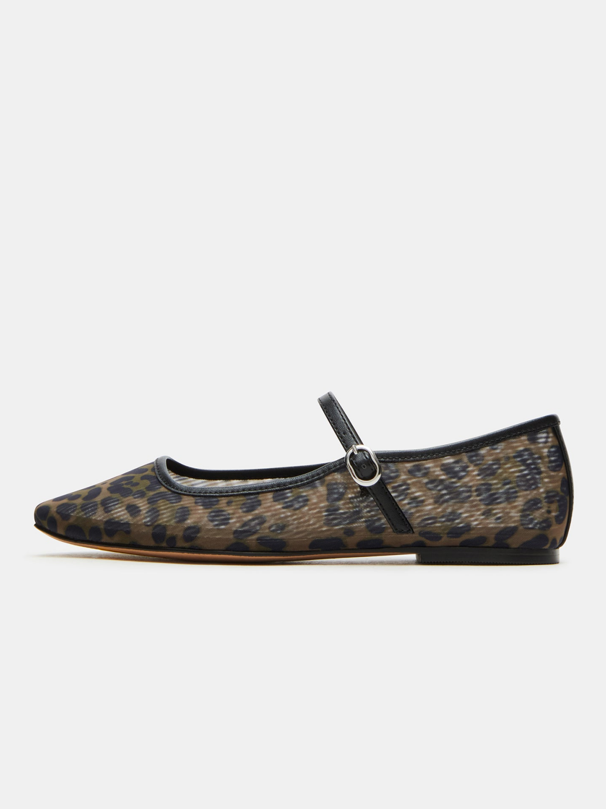 Leopard Mesh Square-Toe Mary Janes Ballet Flats With Bridge Strap