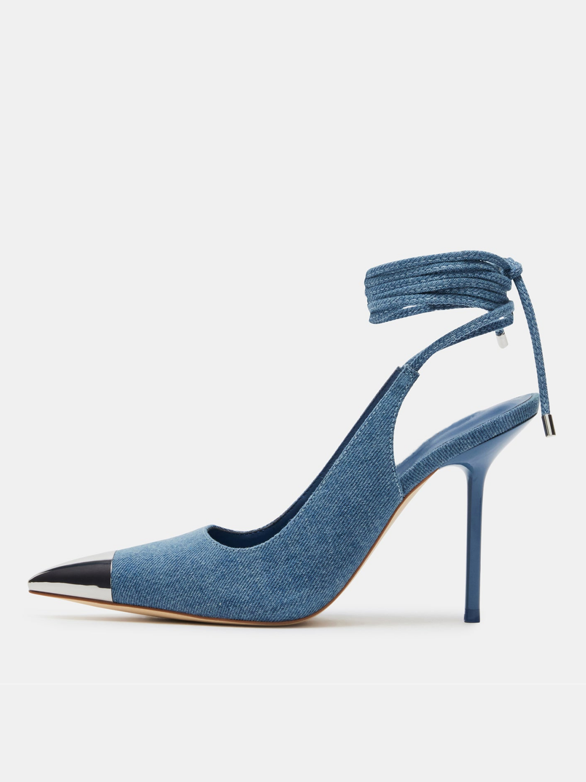 Blue Denim And Metal Steel Pointed-Toe Lace Up High Heels