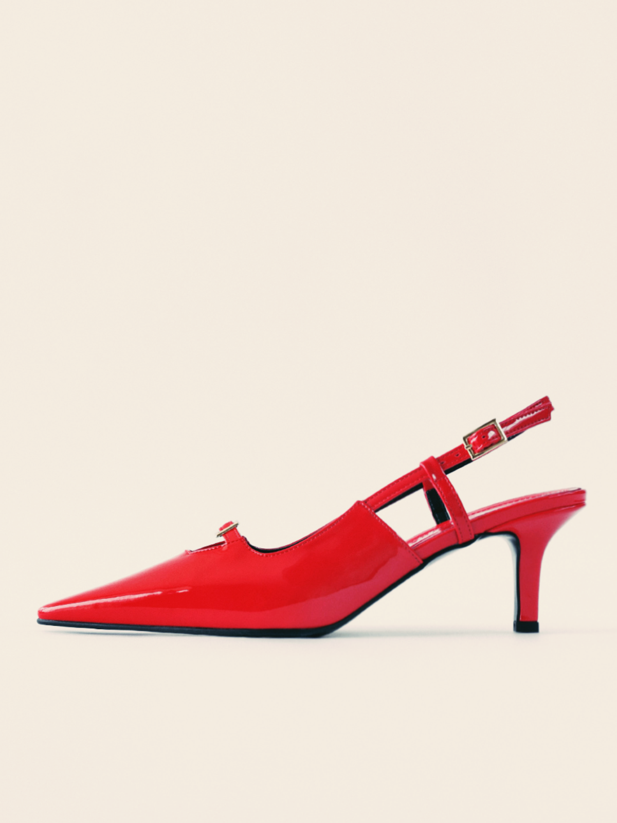 Red Patent Buckled Strap Hollow-Out Kitten Heels Slingback Pumps