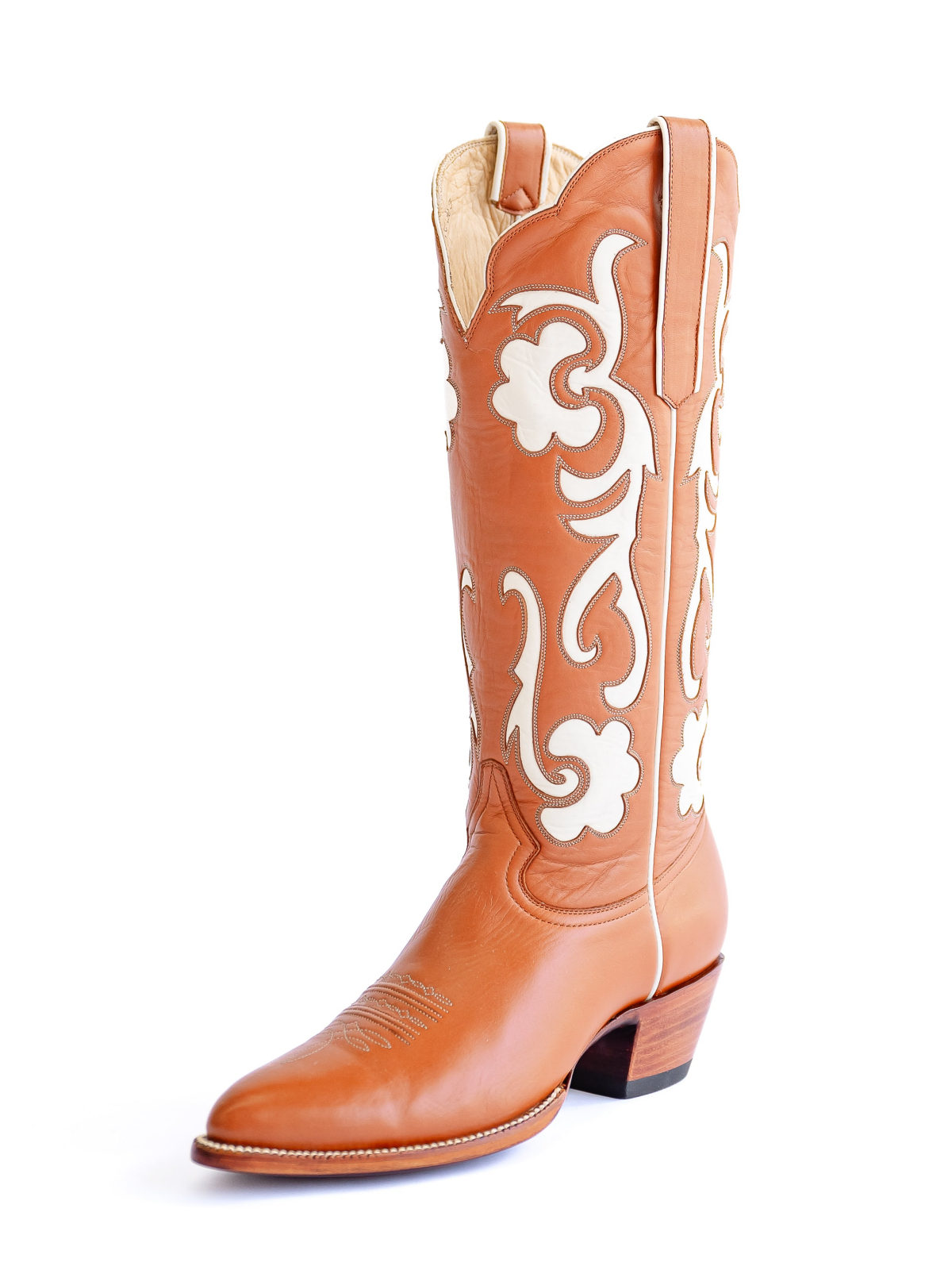 Orange Almond-Toe White Inlay Wide Mid Calf Tall Cowgirl Boots