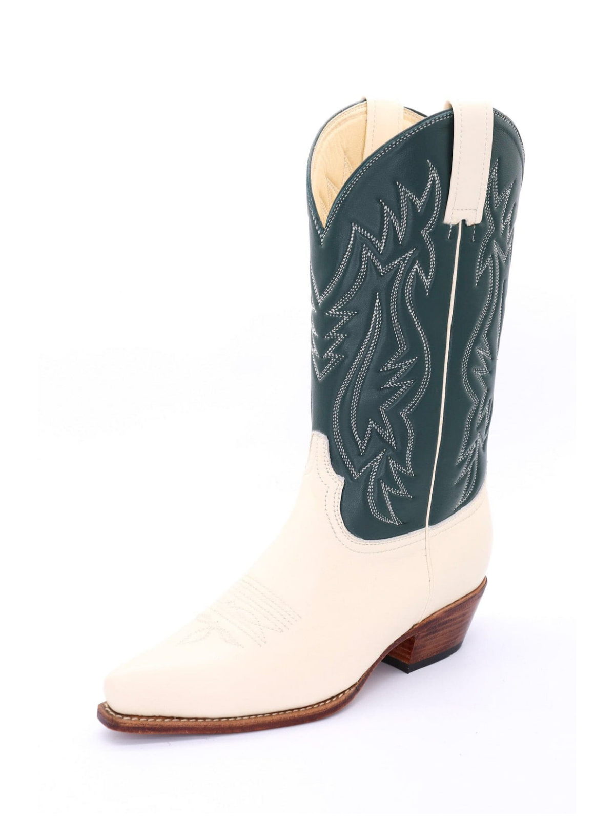 Contrast Cream And Green Snip-Toe Embroidery Wide Mid Calf Cowgirl Boots