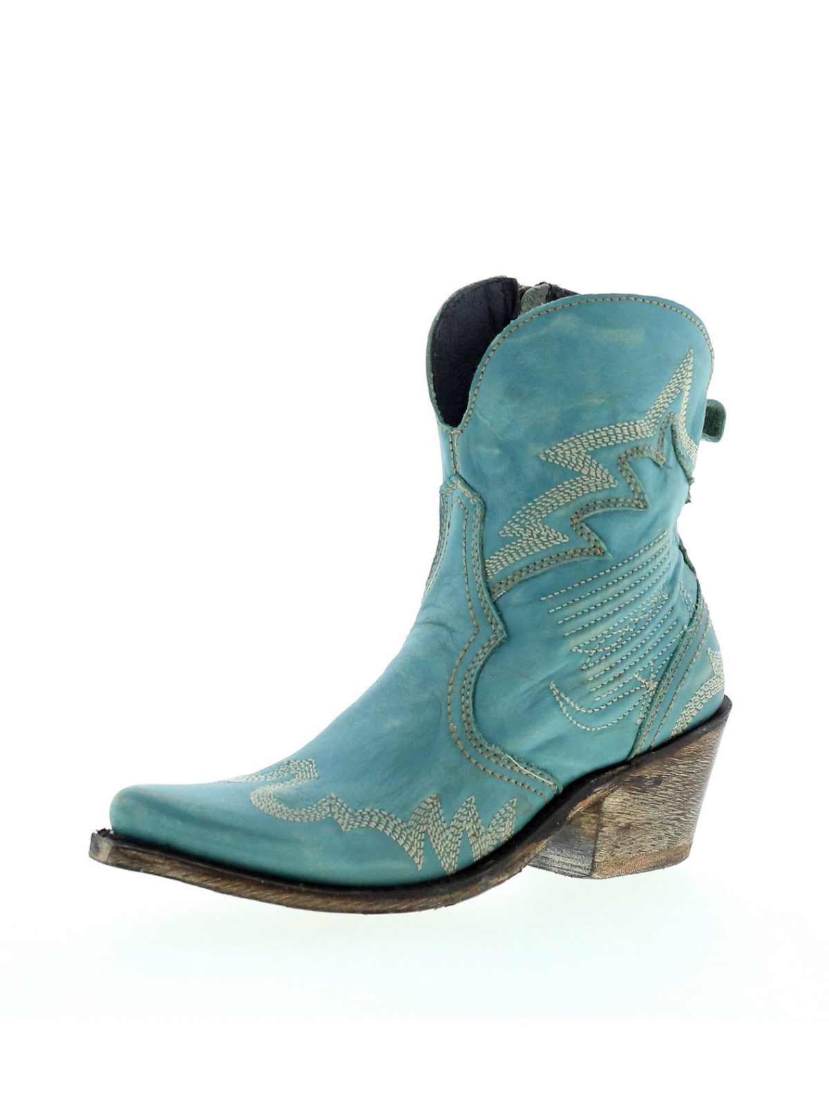 Turquoise Round Pointed-Toe Embroidery Full-Zip Ankle Booties