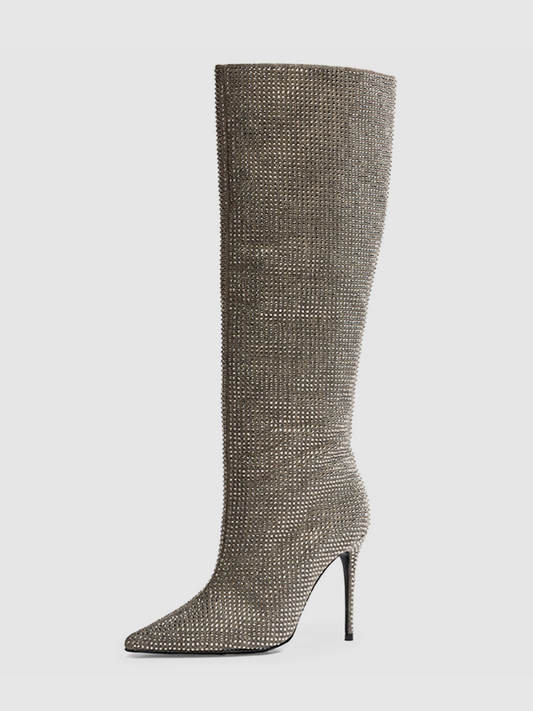 Taupe Faux Suede Pointed-Toe Crystal Slouchy Wide Mid Calf Stiletto Boots