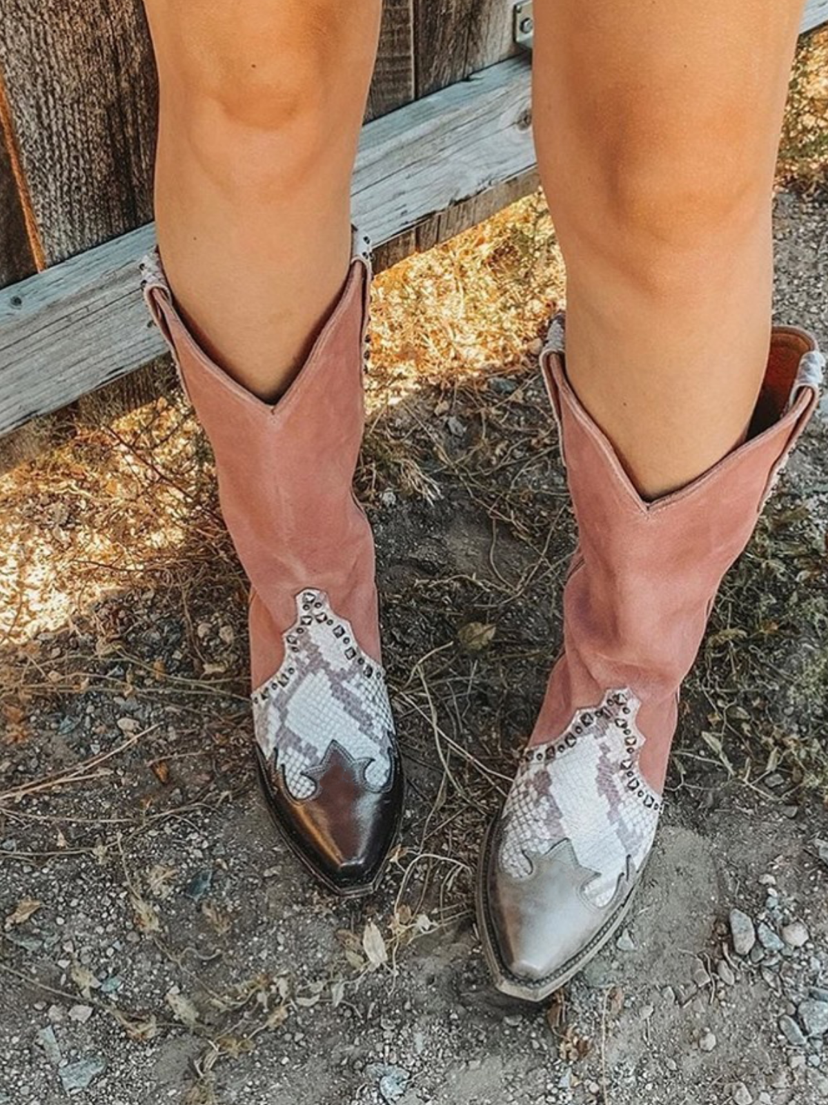 Contrast Snakeskin And Pink Faux Suede Studded Applique Snip-Toe Wide Mid Calf Cowgirl Boots