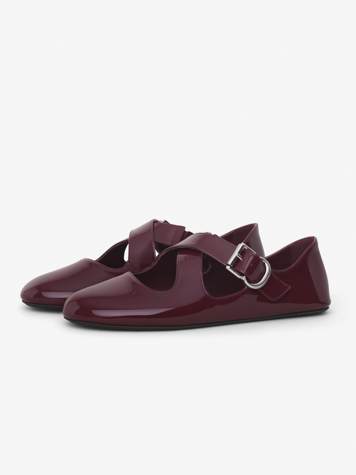 Wine Red Patent Round-Toe Cross Buckle Straps Ballet Flats