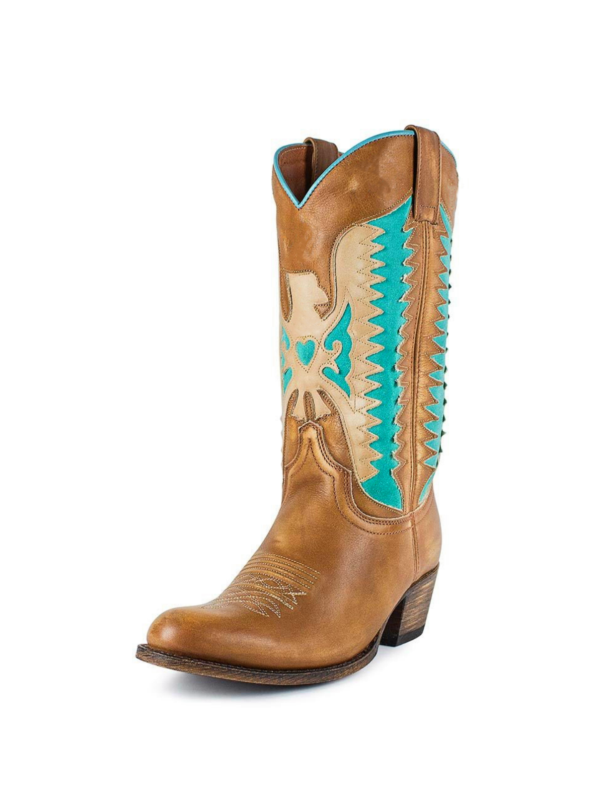 Brown Almond-Toe Wide Mid Calf Cowgirl Boots With Thunderbird Heart Inlay