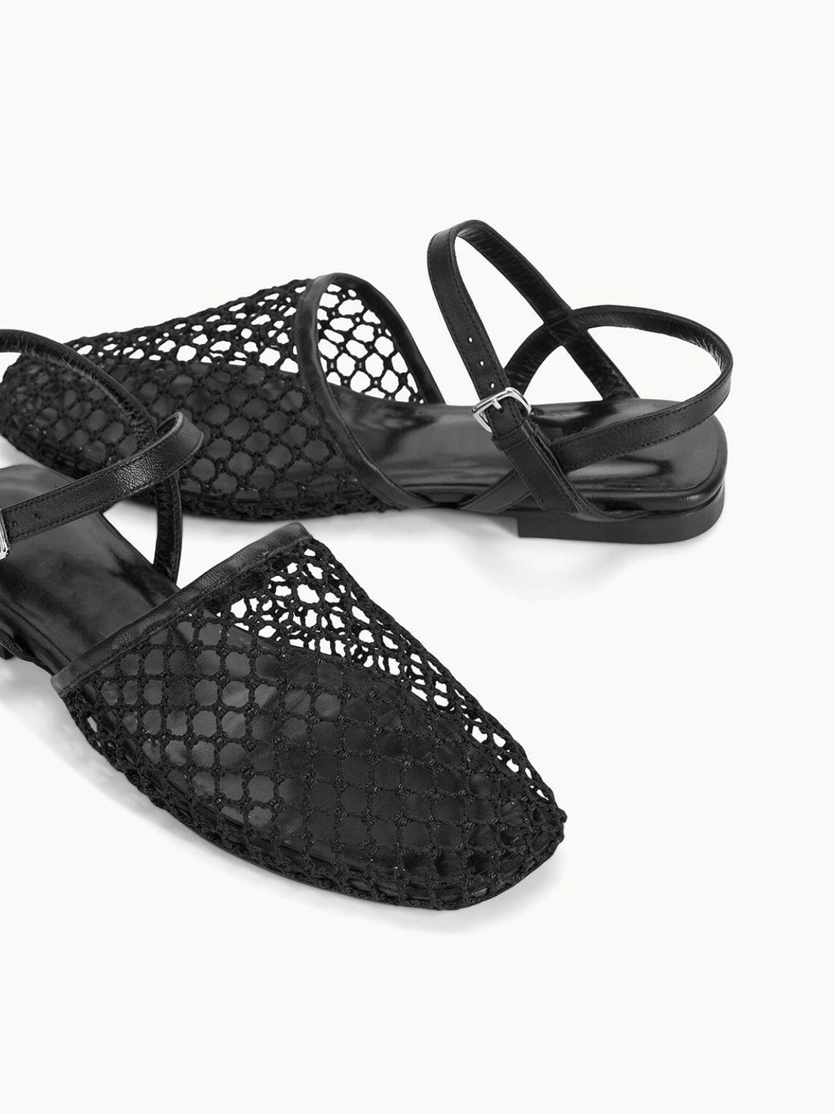 Black Netting Square Toe Flats Sandals With Ankle Strap