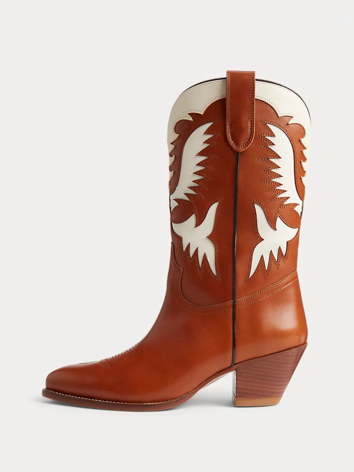 Tan Almond-Toe Cream Wings Inlay Applique Wide Mid Calf Tall Cowgirl Boots