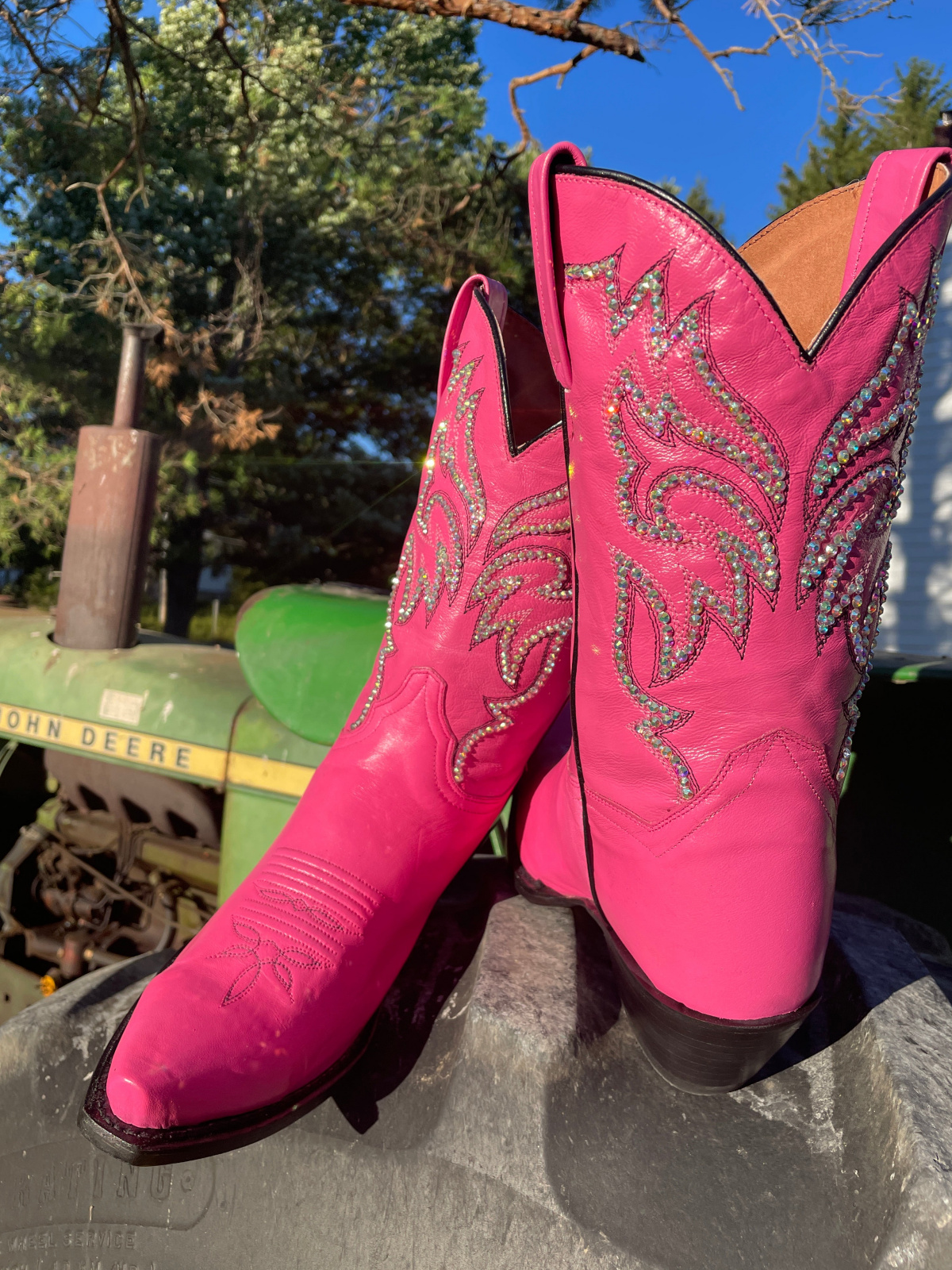 Hot Pink Rhinestone Embroidery Snip-Toe Wide Mid Calf Cowgirl Boots