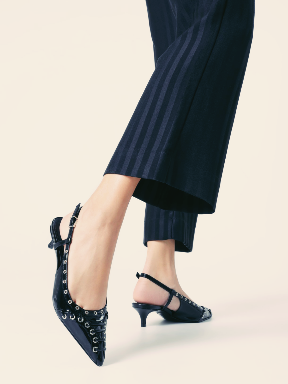 Black Patent Strappy Eyelet Pointy Kitten Heels Slingback Pumps