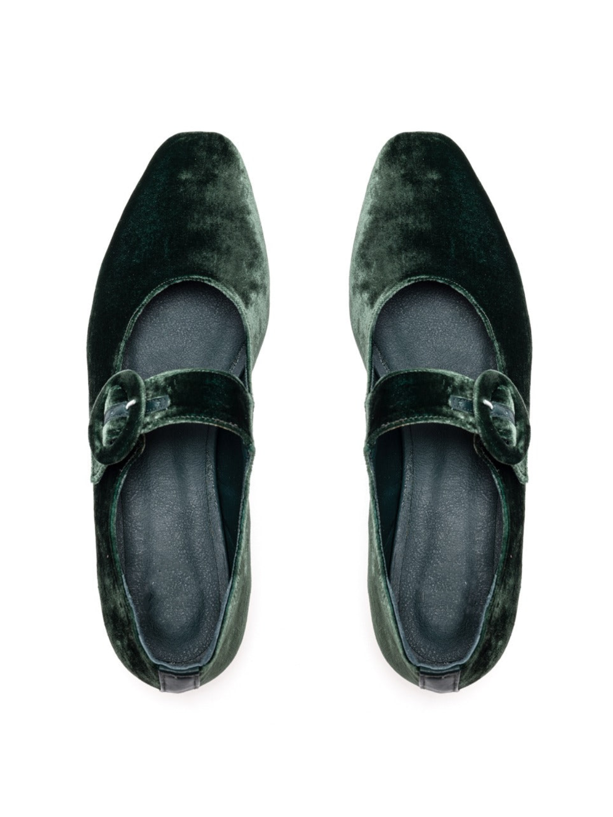 Green Velvet Elongated Ballet Flats Mary Janes With Oversized Buckle