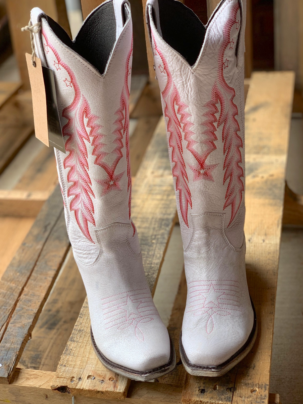 Star And Feather Embroidery Snip-Toe Wide Calf Tall Knee High Cowgirl Boots - White