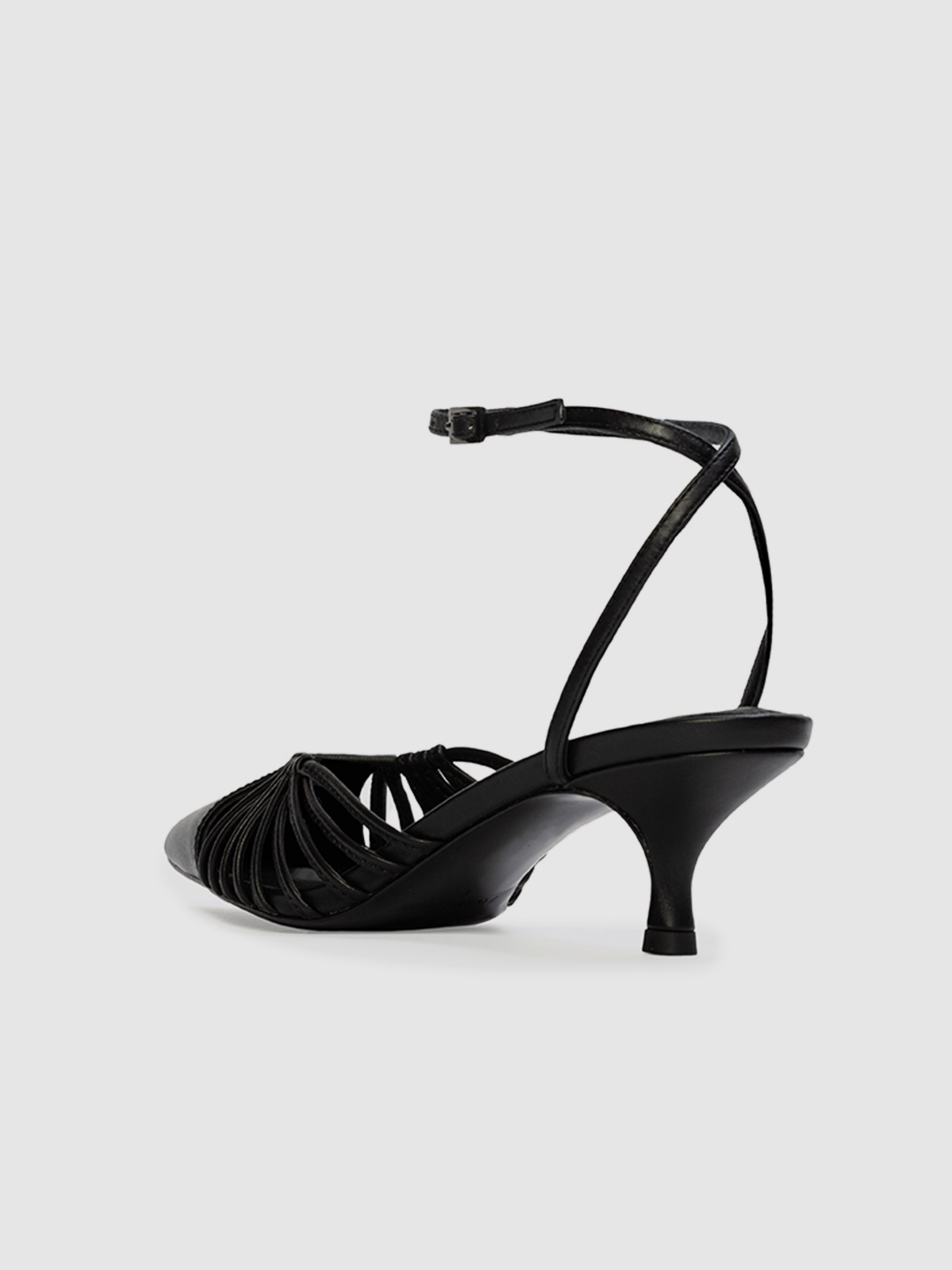 Black Pointed-Toe Strappy Pump Ankle Strap Kitten Heels