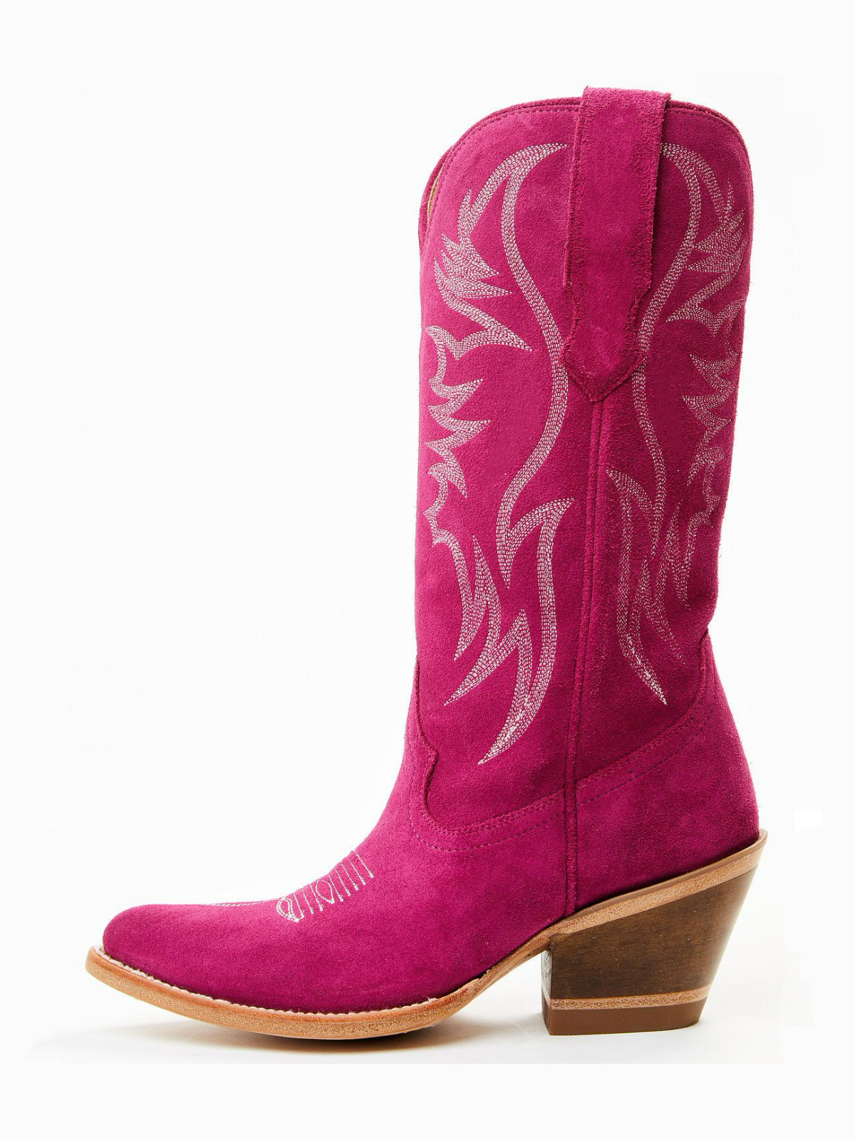 Faux Suede Wings Embroidery Pointed-Toe Wide Mid Calf Tall Cowgirl Boots - Fuchsia