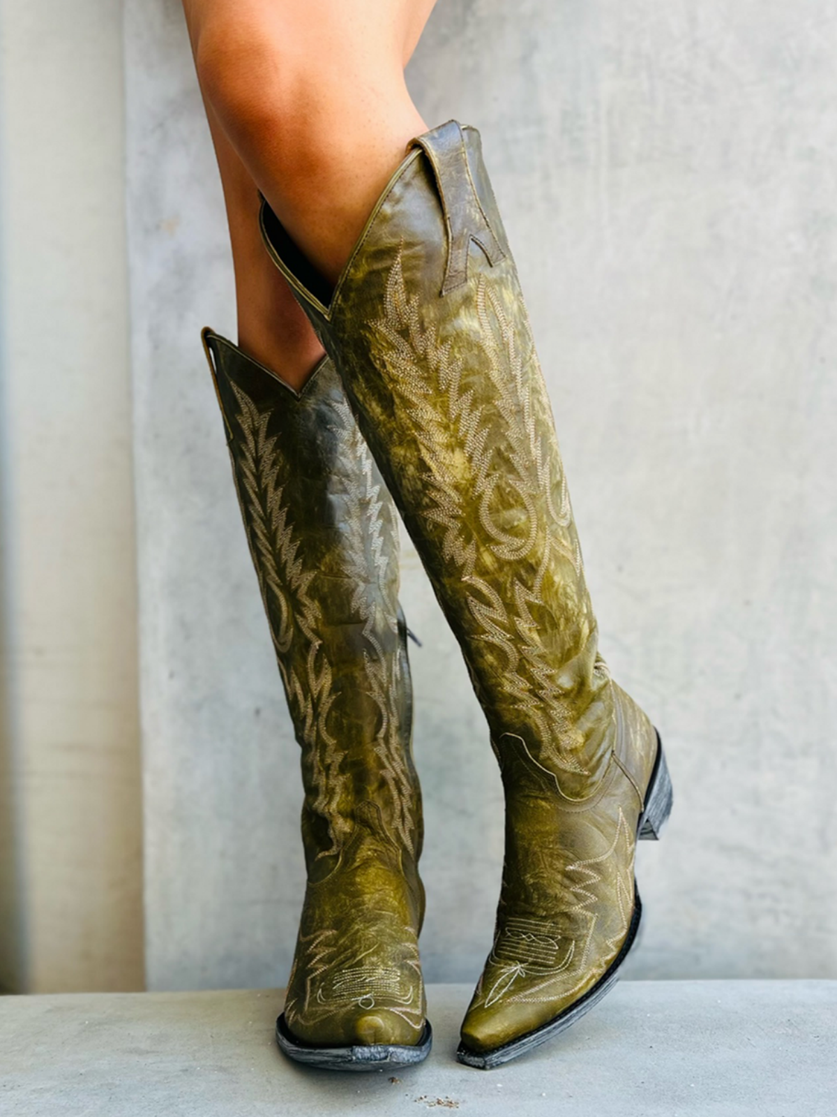 Distressed Green Half-Zip Snip-Toe Embroidery Tall Knee High Cowgirl Boots