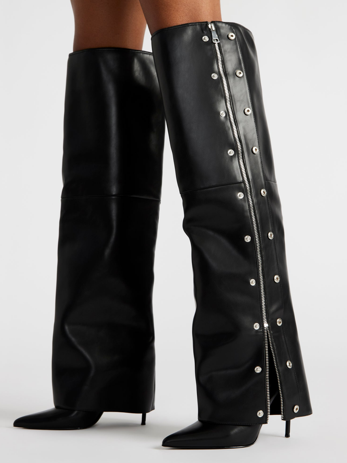 Black Pointed-Toe Studded Fold-Over Full-Zip Over-The-Knee Stiletto Boots