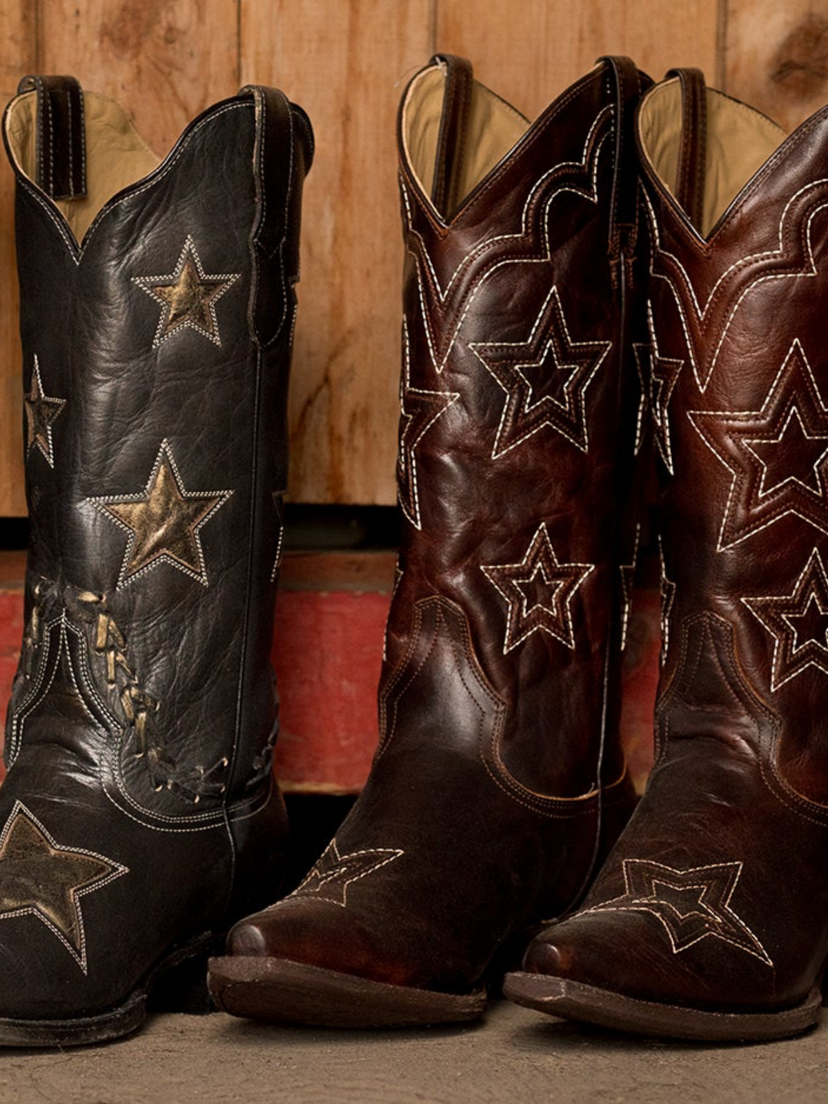 Dark Brown Snip-Toe Star Embroidery Wide Mid Calf Tall Cowgirl Boots