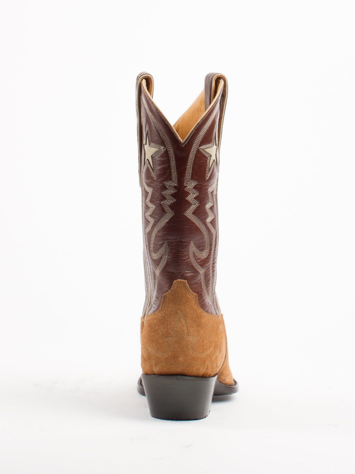 Contrast Chocolate And Tan Faux Suede Snip-Toe Embroidery Star Inlay Wide Mid Calf Cowgirl Boots