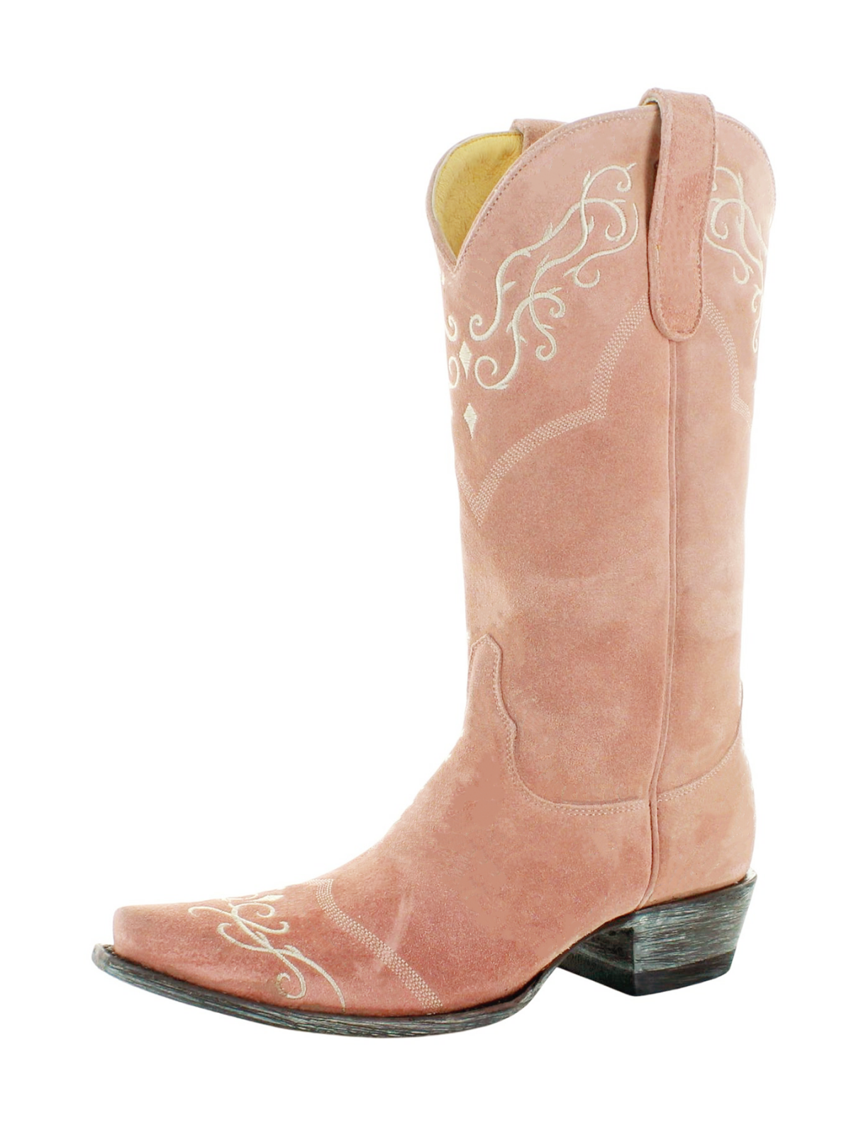 Blush Pink Faux Suede Snip-Toe Embroidery Tall Wide Mid Calf Cowgirl Boots