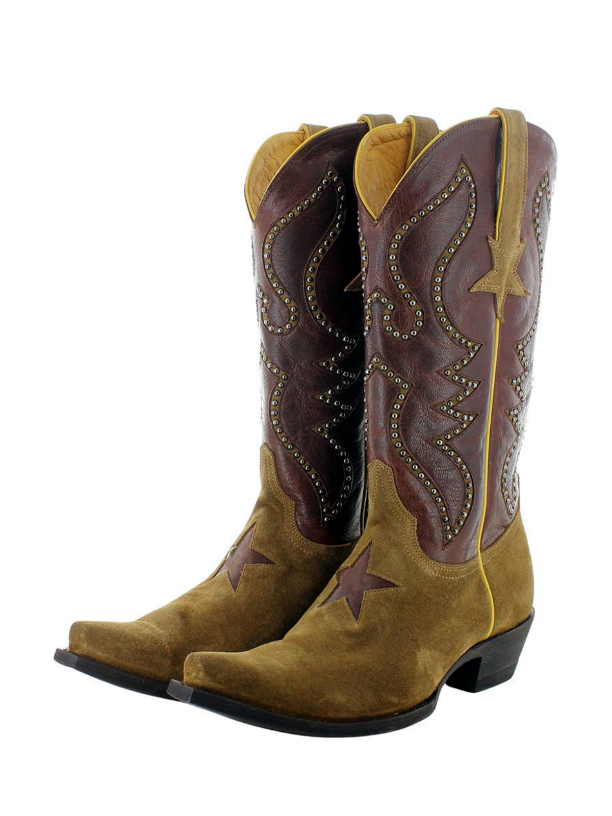 Contrast Camel Faux Suede And Dark Brown Snip-Toe Studded Star Inlay Wide Mid Calf Cowgirl Boots