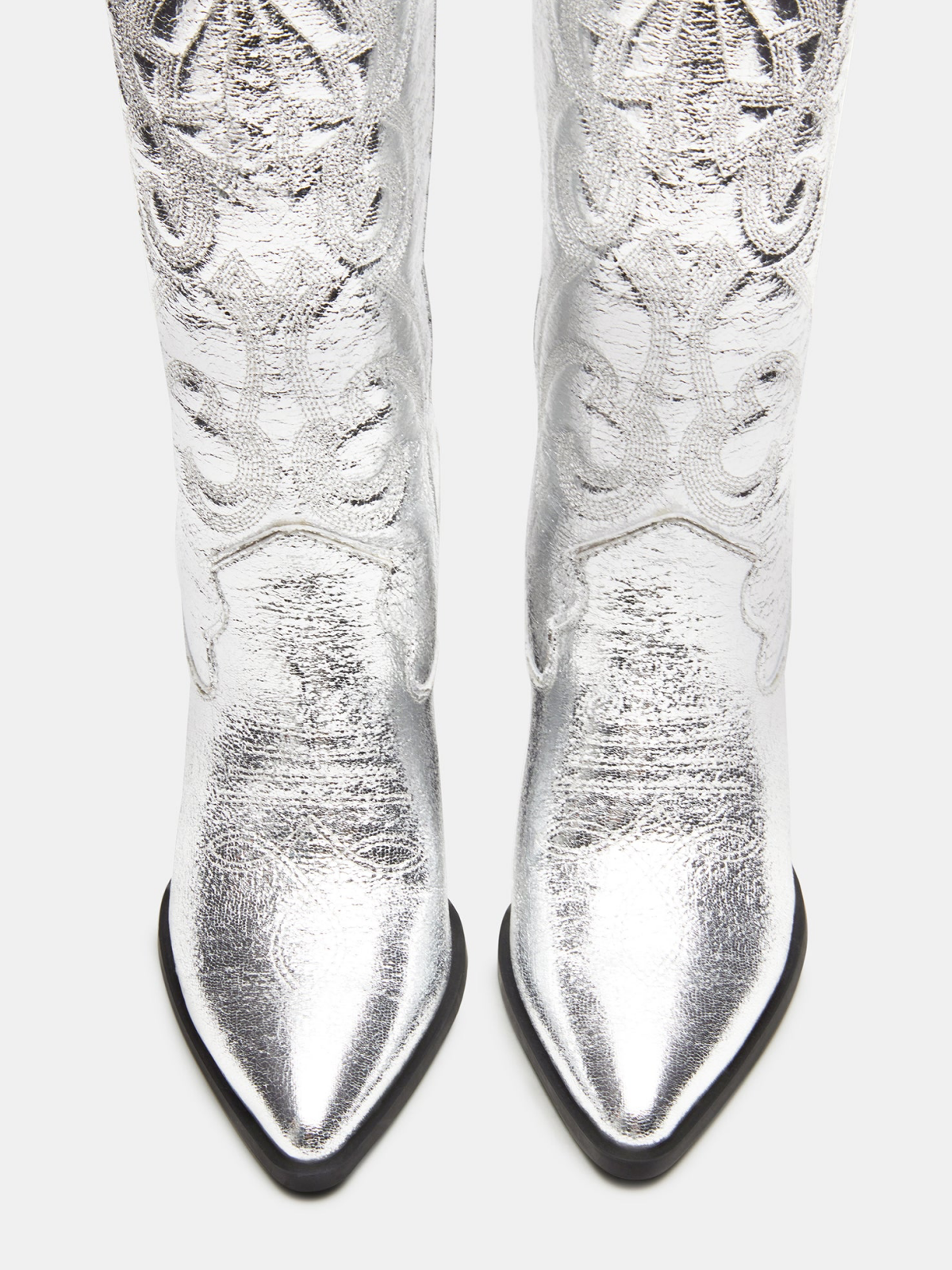 Metallic Silver Embroidery Pointed-Toe Tall Wide Calf Knee High Cowgirl Boots