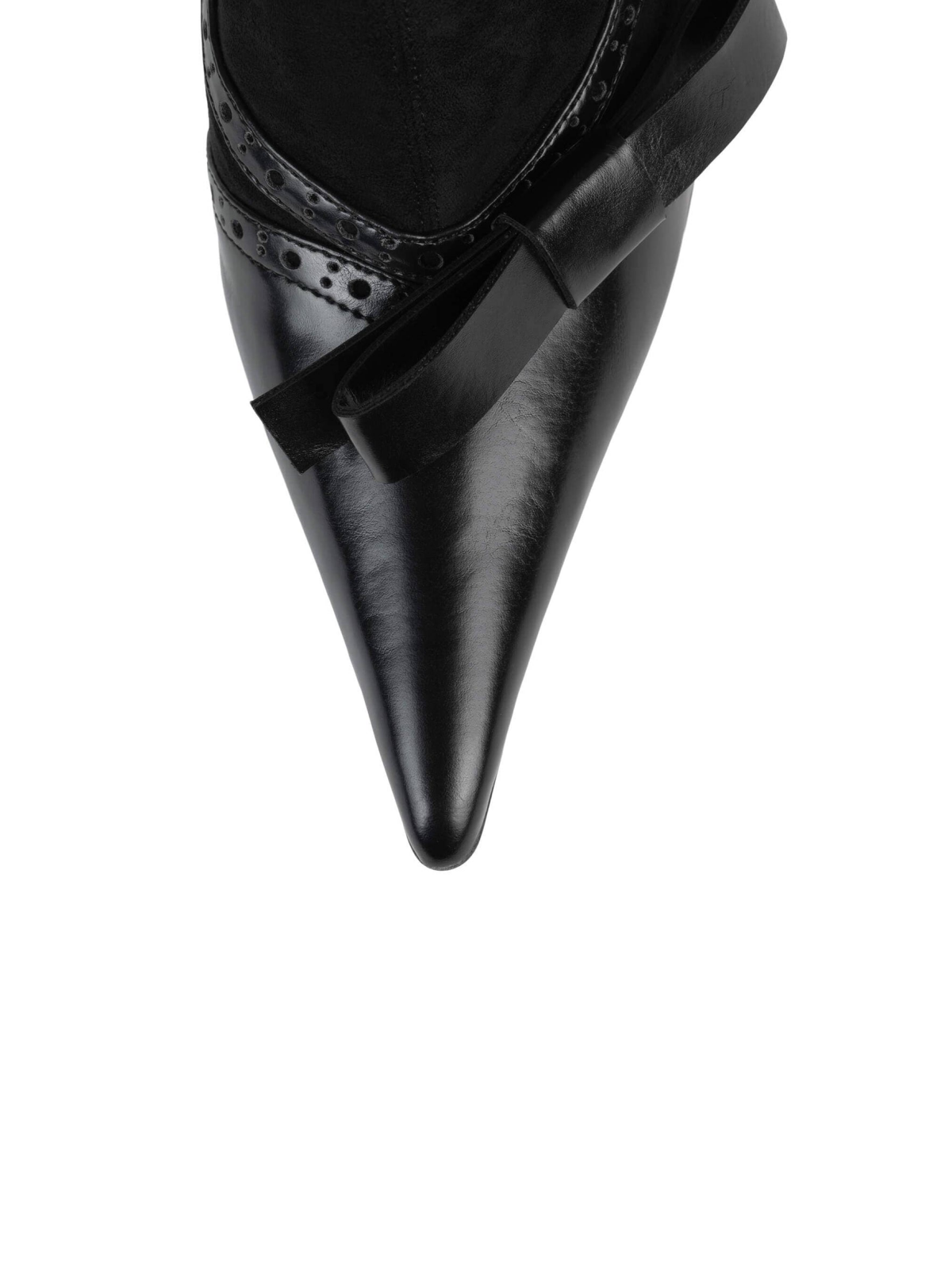 Black Pointed-Toe Full-Zip Mid Calf Stiletto Boots With Bow