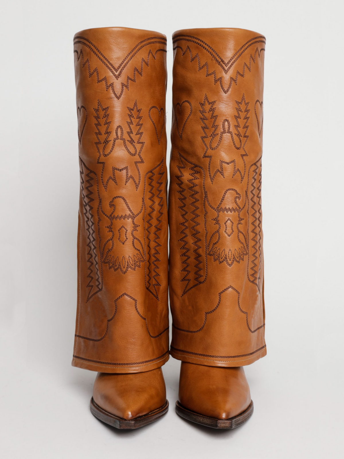 Fold-Over Panel Eagle And Heart Embroidery Snip-Toe Wide Mid Calf Boots - Light Brown