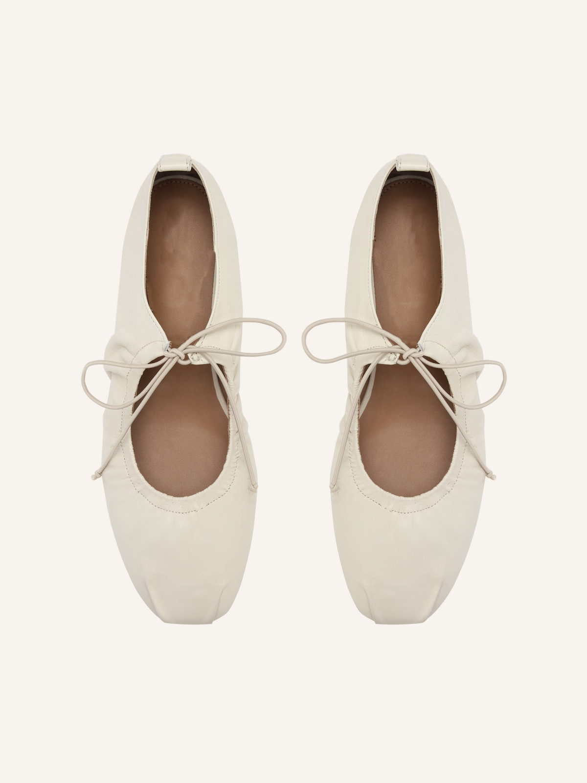 Cream Tied Bow Shirring Round Toe Ballet Flats