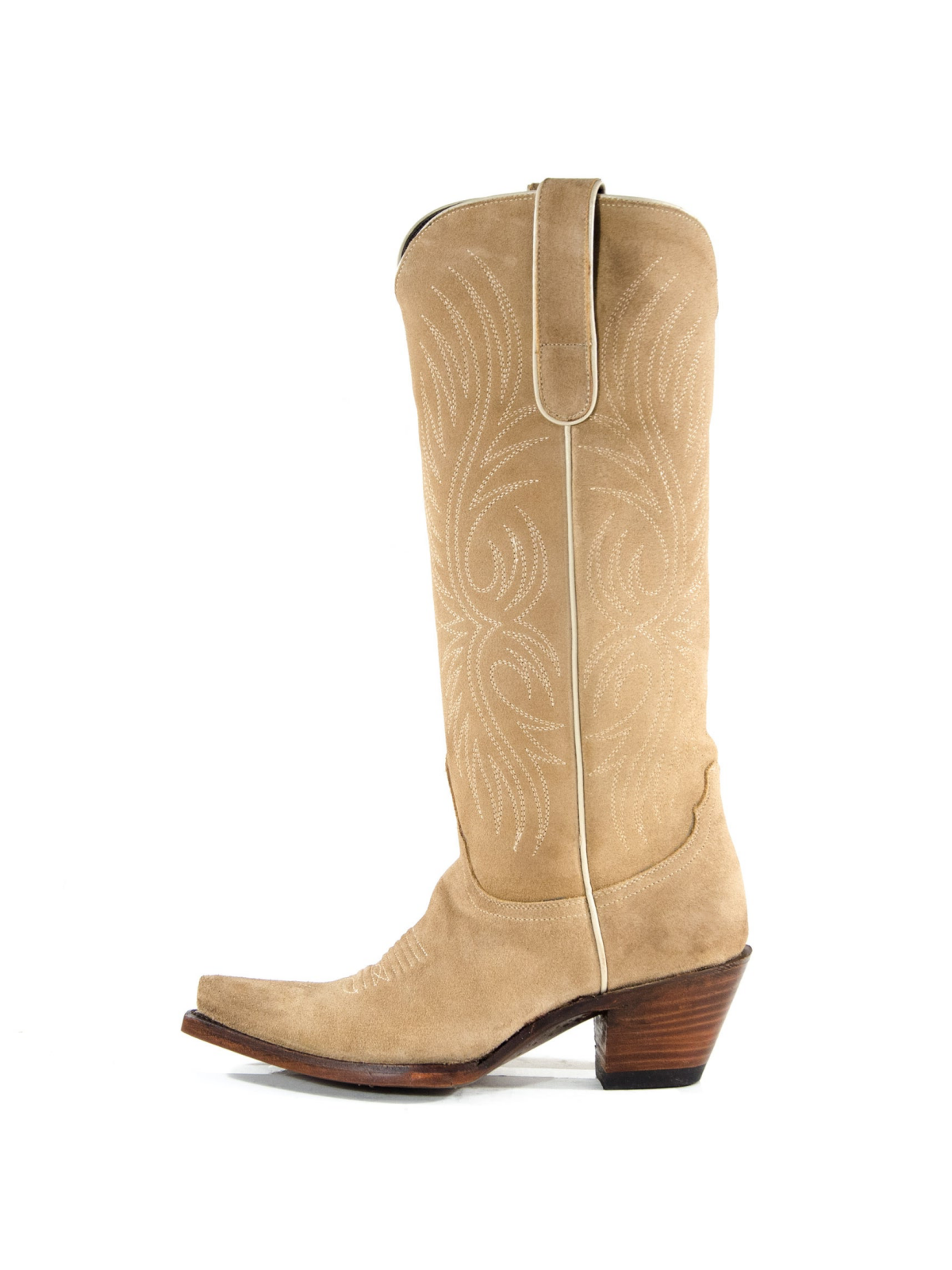 Tan Faux Suede Embroidery Snip-Toe Wide Mid Calf Cowboy Tall Boots For Women