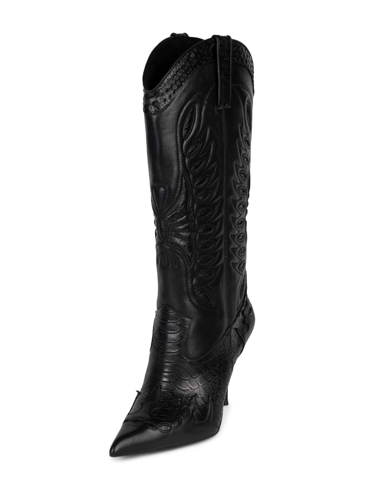 Black Contrast Snakeskin Vegan Leather And Vegan Leather Padded Butterfly Inlay Stiletto Boots