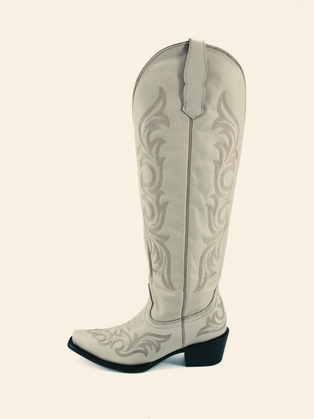 Retro Ivory Embroidery Snip-Toe Wide Calf Western Boots Knee High Tall Boots