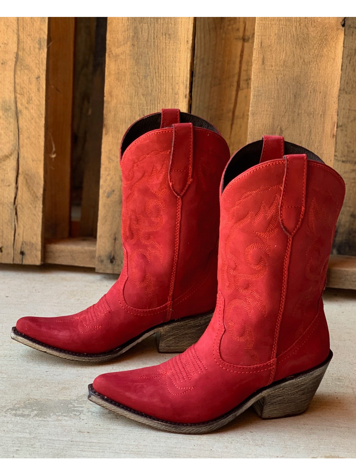 Red Faux Suede Snip-Toe Embroidery Wide Mid Calf Cowgirl Boots