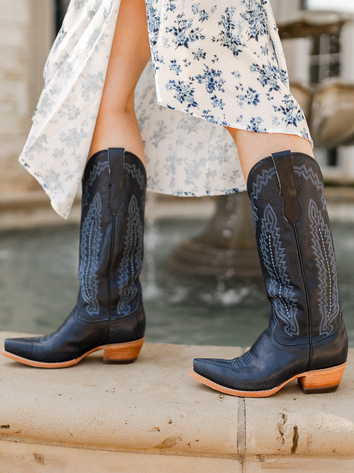 Sapphire Blue Snip-Toe Western Embroidery Wide Mid Calf Cowgirl Boots