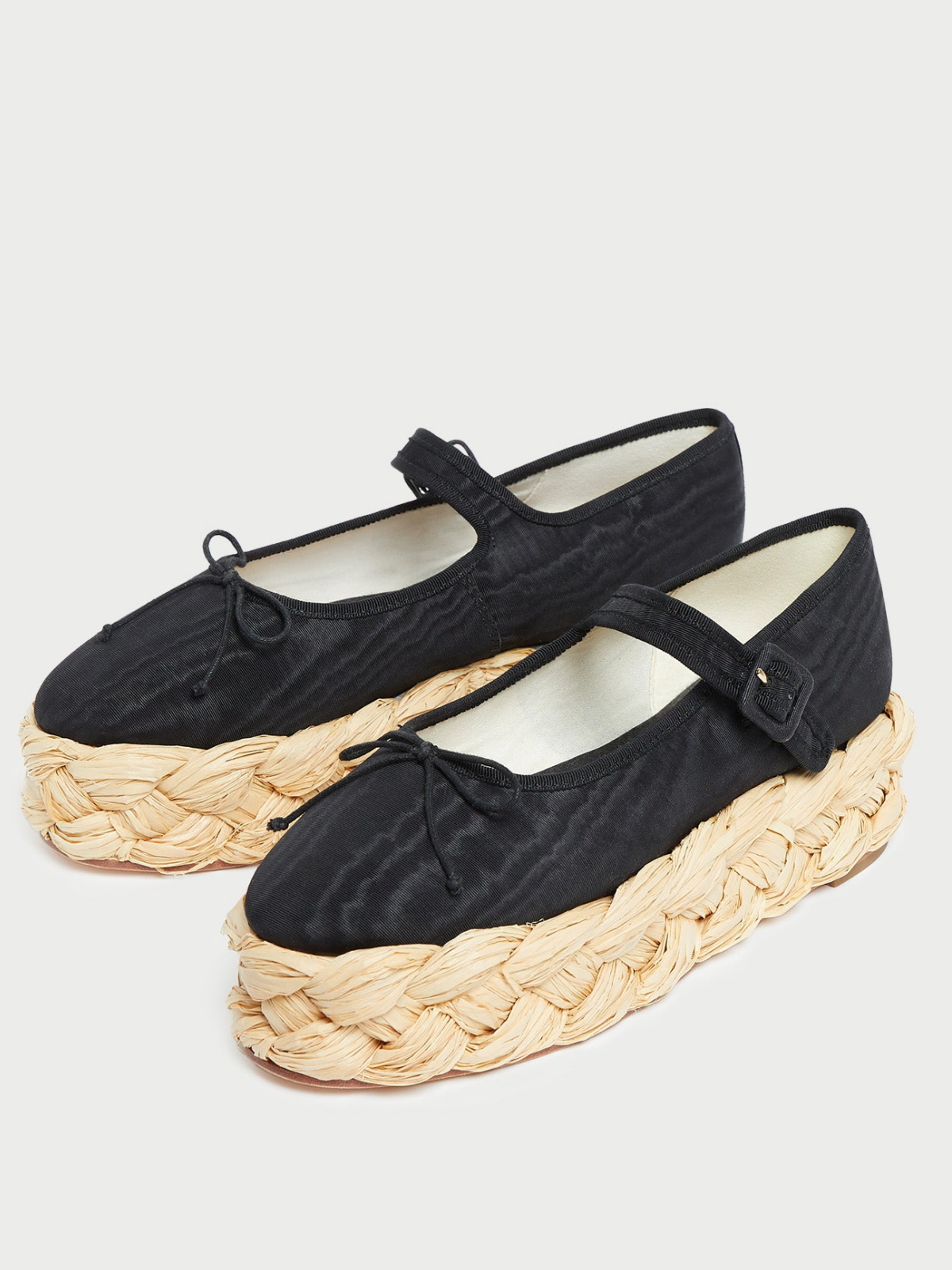 Black Cloth Almond-Toe Adjustable Bridge Strap Bow Espadrille Mary Janes Flats