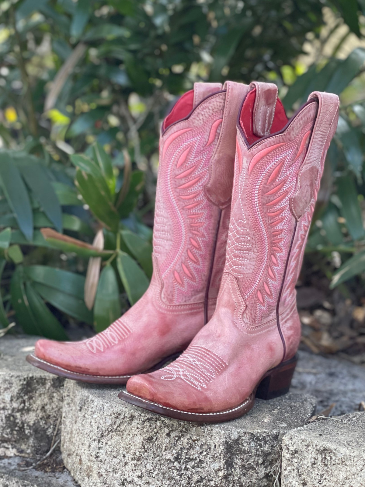 Pink Square-Toe Embroidery Wide Mid Calf Cowgirl Boots