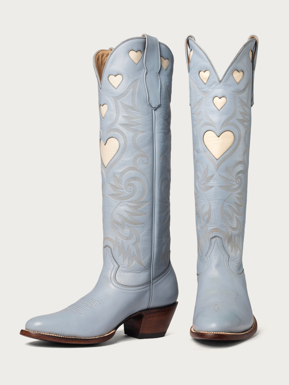 Ivory Heart Inlay Embroidery Almond-Toe Tall Wide Mid Calf Cowgirl Boots - Powder Blue