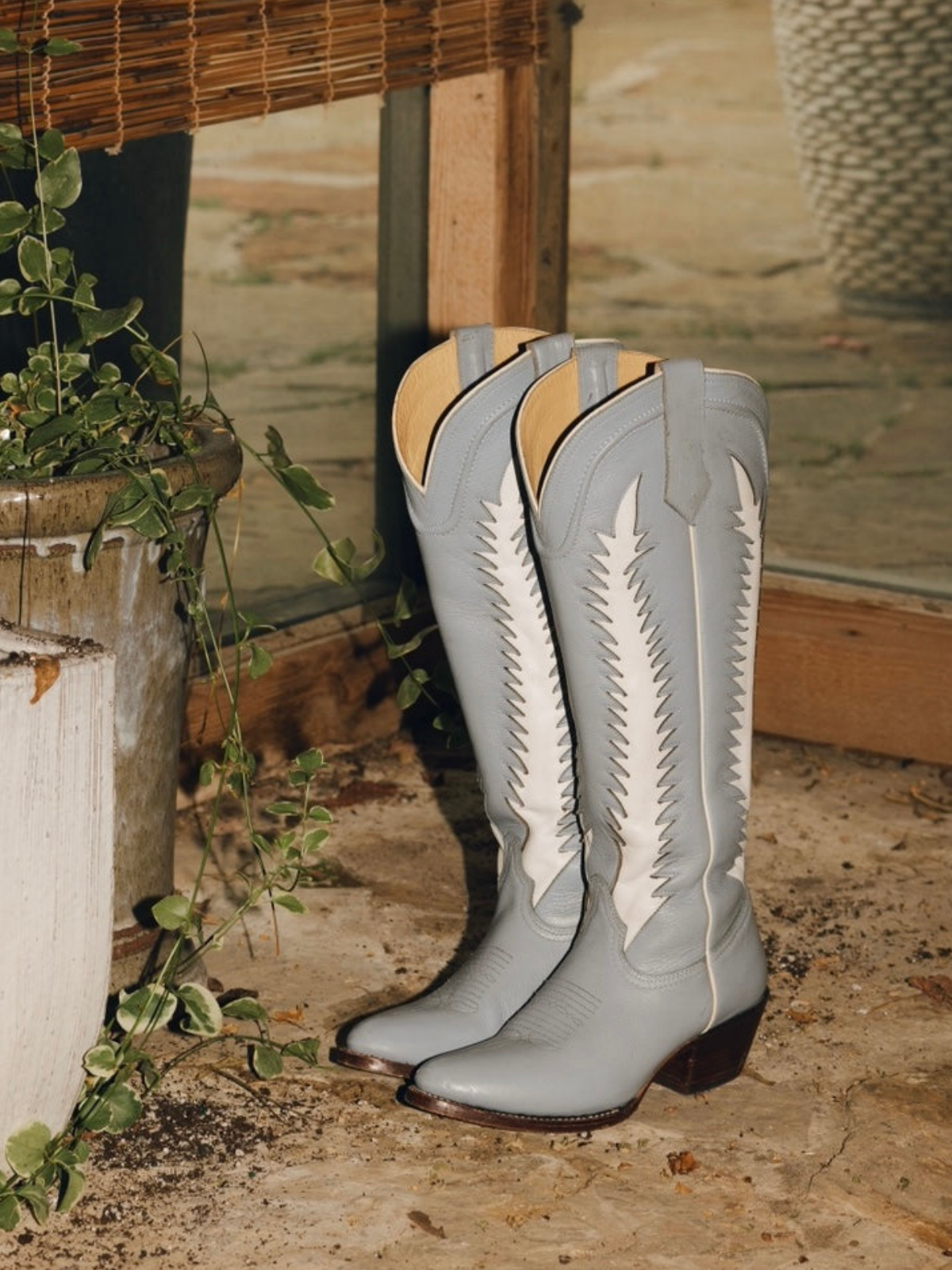 White Inlay Almond-Toe Wide Calf Knee High Tall Cowgirl Boots - Pastel Blue