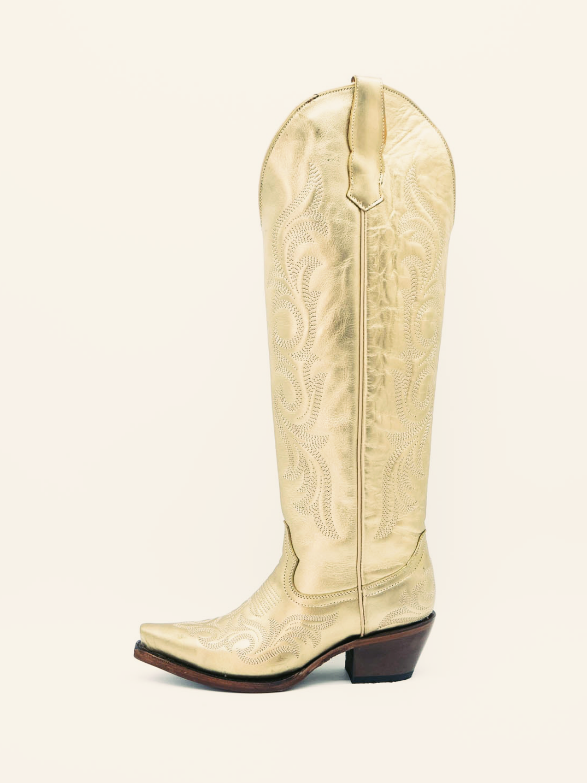 Metallic Gold Embroidery Snip-Toe Wide Calf Western Boots Knee High Tall Boots