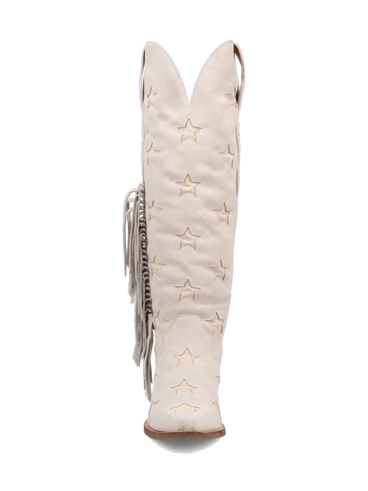 Ivory Faux Suede Snip-Toe Fringe Star Inlay Wide Calf Knee High Tall Cowgirl Boots