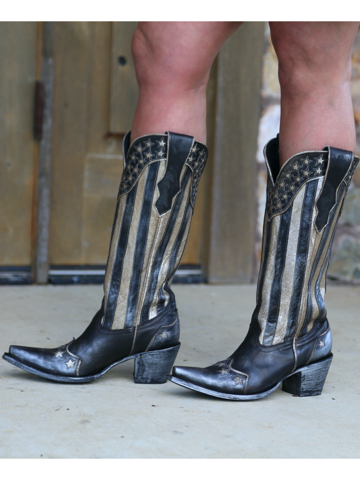 Contrast Black And Metallic Silver Snip-Toe Star Inlay Wide Mid Calf Cowgirl Boots