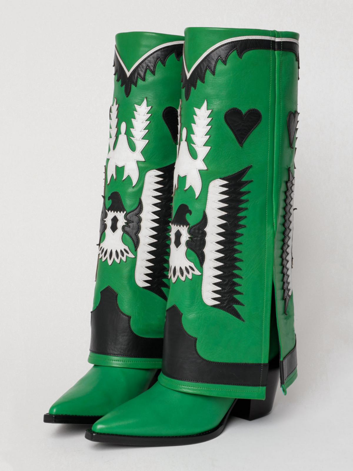 Fold-Over Panel Eagle And Heart Applique Snip-Toe Wide Mid Calf Boots - Green