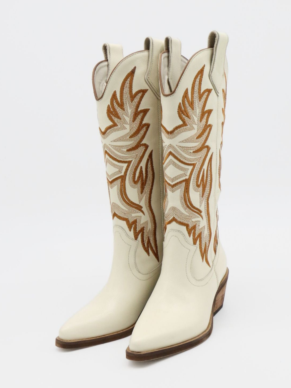 Ivory Vegan Leather Snip-Toe Embroidery Wide Mid Calf Tall Cowgirl Boots