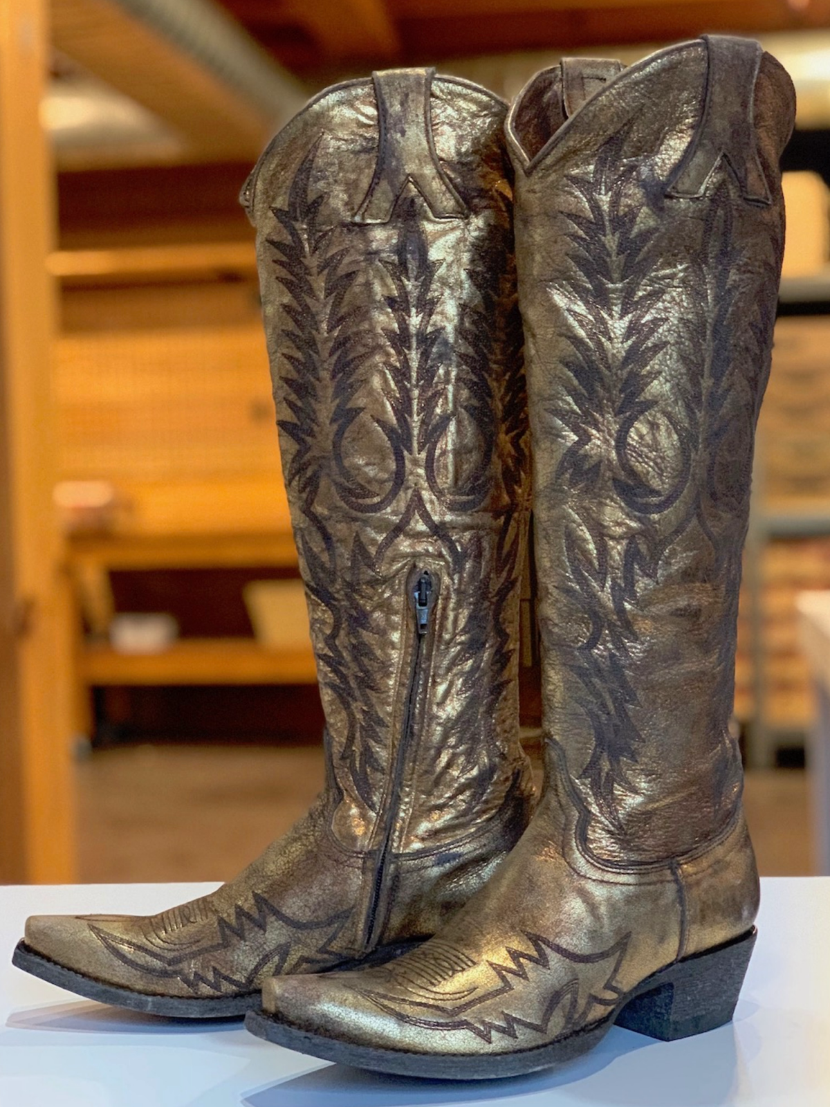 Distressed Metallic Gold Snip-Toe Half-Zip Embroidery Knee High Tall Cowgirl Boots