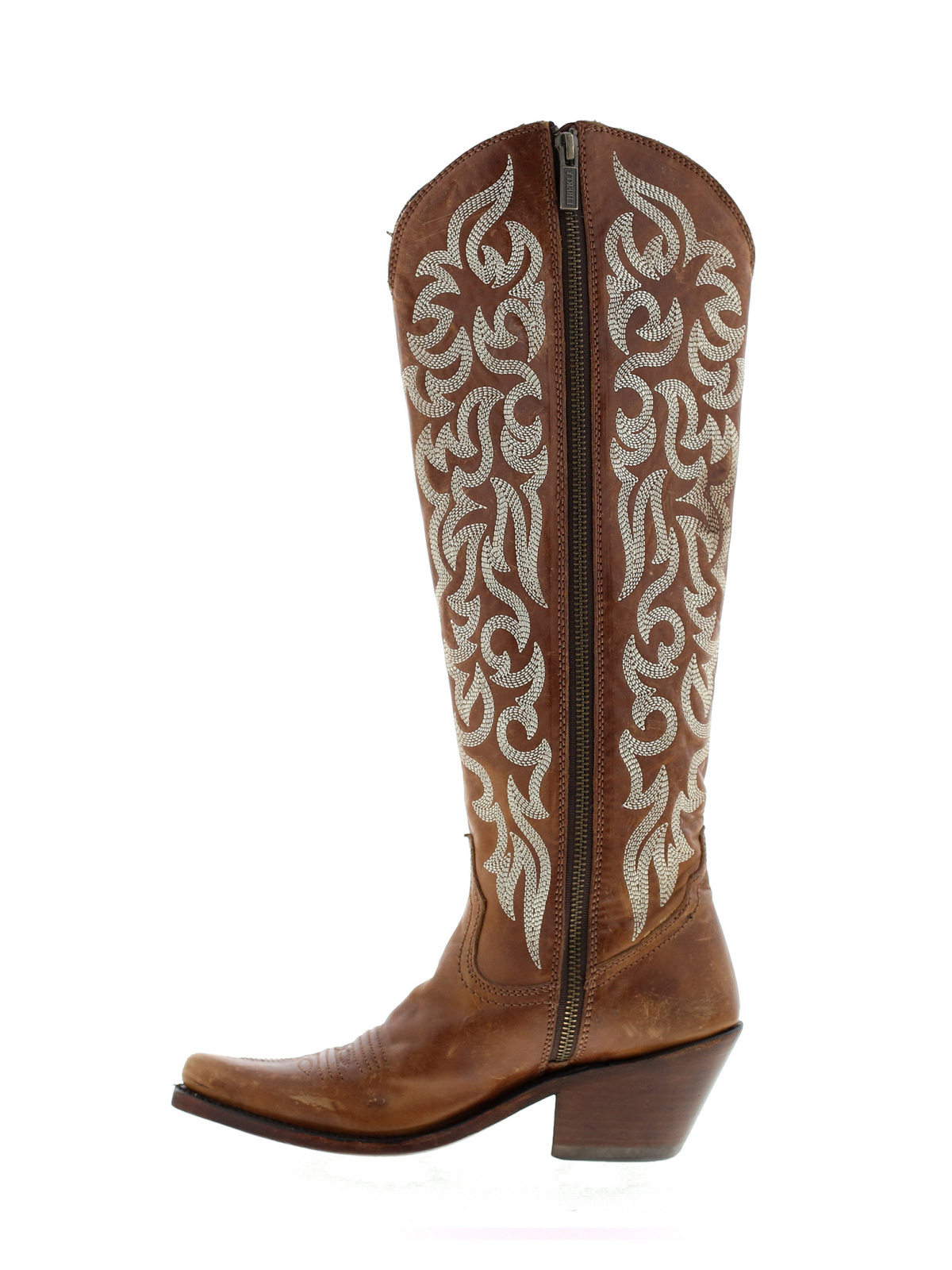 Embroidery Almond-Toe Full-Zip Knee High Tall Cowgirl Boots - Brown