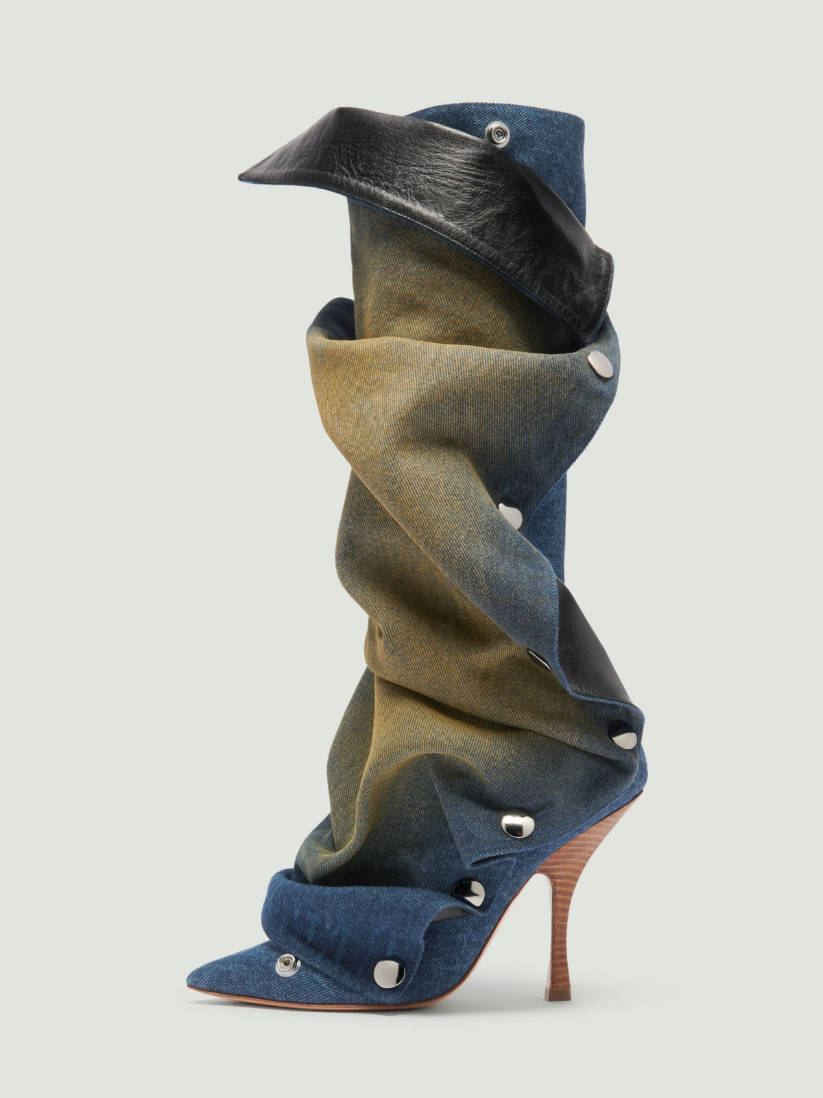 Blueyellow Denim Pointed-Toe Detachable Snap Panel Full-Zip Mid Calf Stiletto Boots